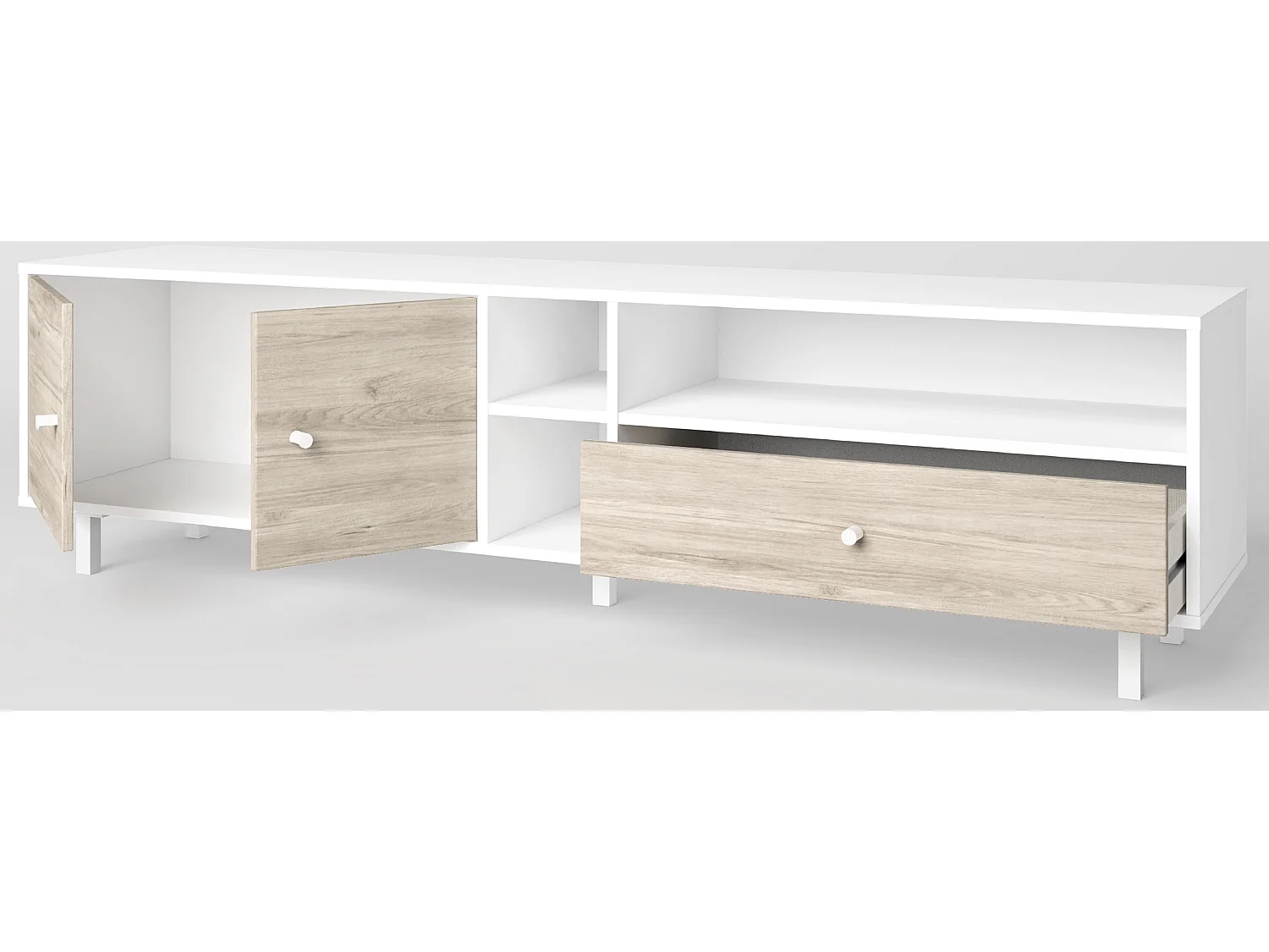 Meuble TV en mélamine blanc / chêne avec pieds en métal, meuble de rangement - Longueur 180 x Profondeur 40 x Hauteur 46.7 cm