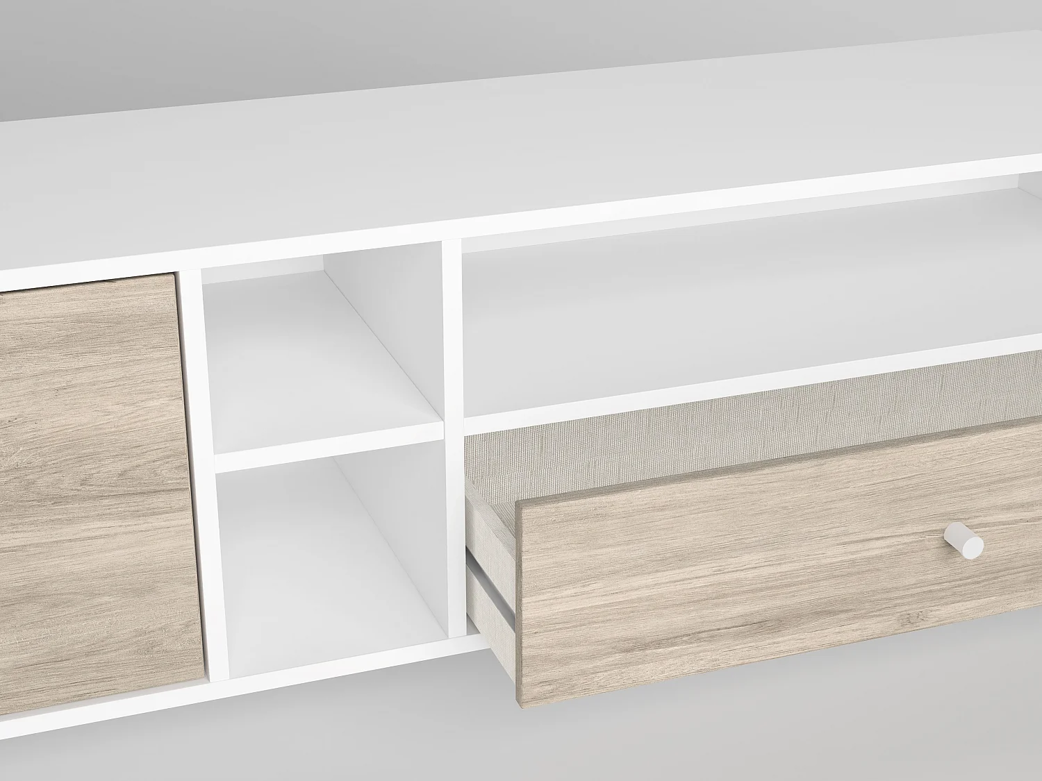 Meuble TV en mélamine blanc / chêne avec pieds en métal, meuble de rangement - Longueur 180 x Profondeur 40 x Hauteur 46.7 cm