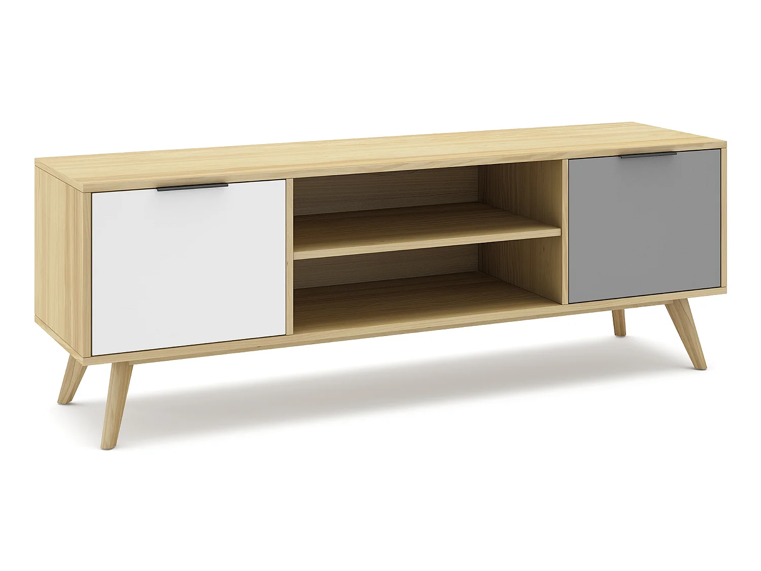 Meuble TV en pin massif chêne blanc et gris, meuble de rangement - Longueur 140 x Profondeur 40 x Hauteur 52 cm