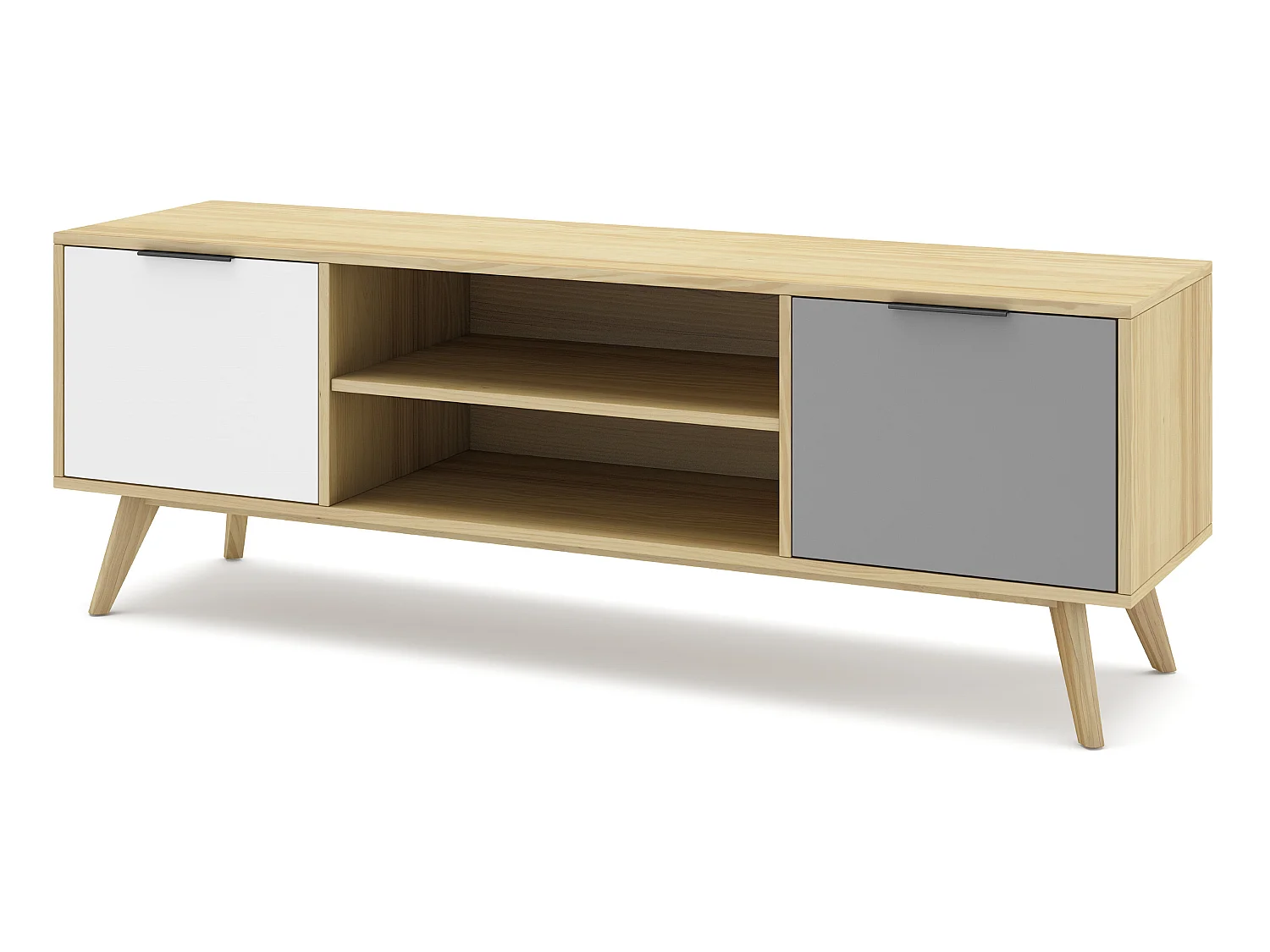 Meuble TV en pin massif chêne blanc et gris, meuble de rangement - Longueur 140 x Profondeur 40 x Hauteur 52 cm