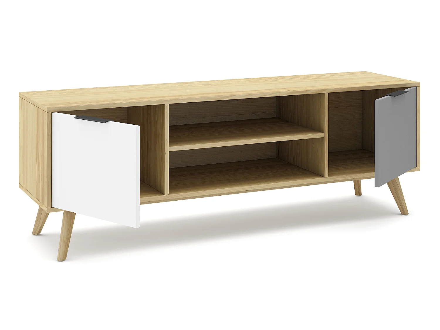 Meuble TV en pin massif chêne blanc et gris, meuble de rangement - Longueur 140 x Profondeur 40 x Hauteur 52 cm