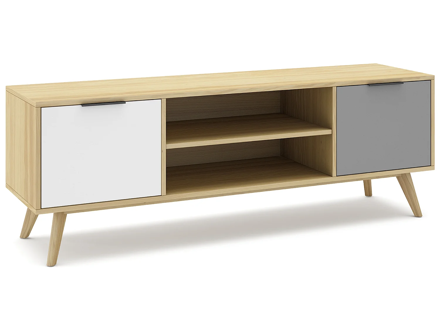 Meuble TV en pin massif chêne blanc et gris, meuble de rangement - Longueur 140 x Profondeur 40 x Hauteur 52 cm