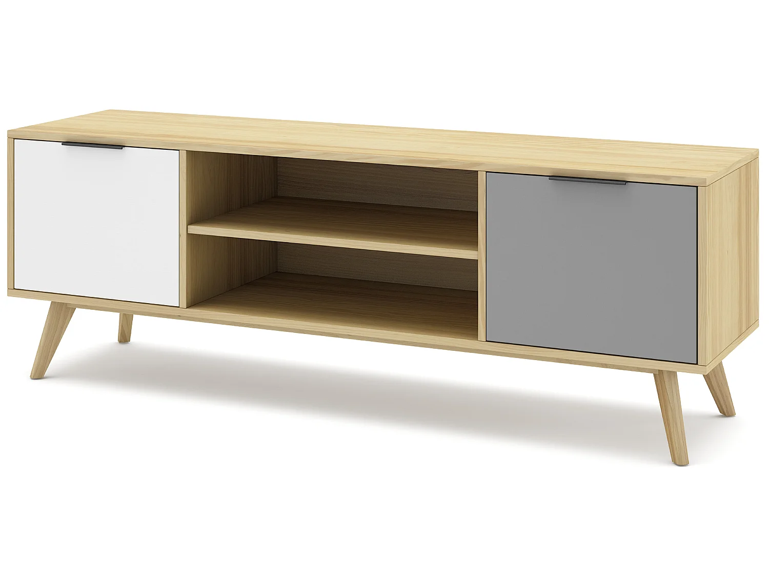 Meuble TV en pin massif chêne blanc et gris, meuble de rangement - Longueur 140 x Profondeur 40 x Hauteur 52 cm