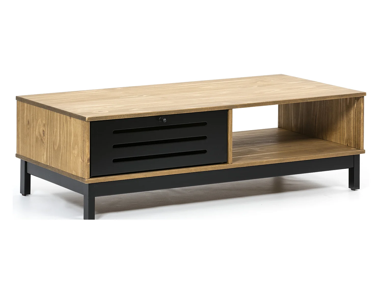 Table basse en pin et MDF avec rangements coloris naturel/noir - Longueur 100 x Profondeur 55 x Hauteur 35 cm