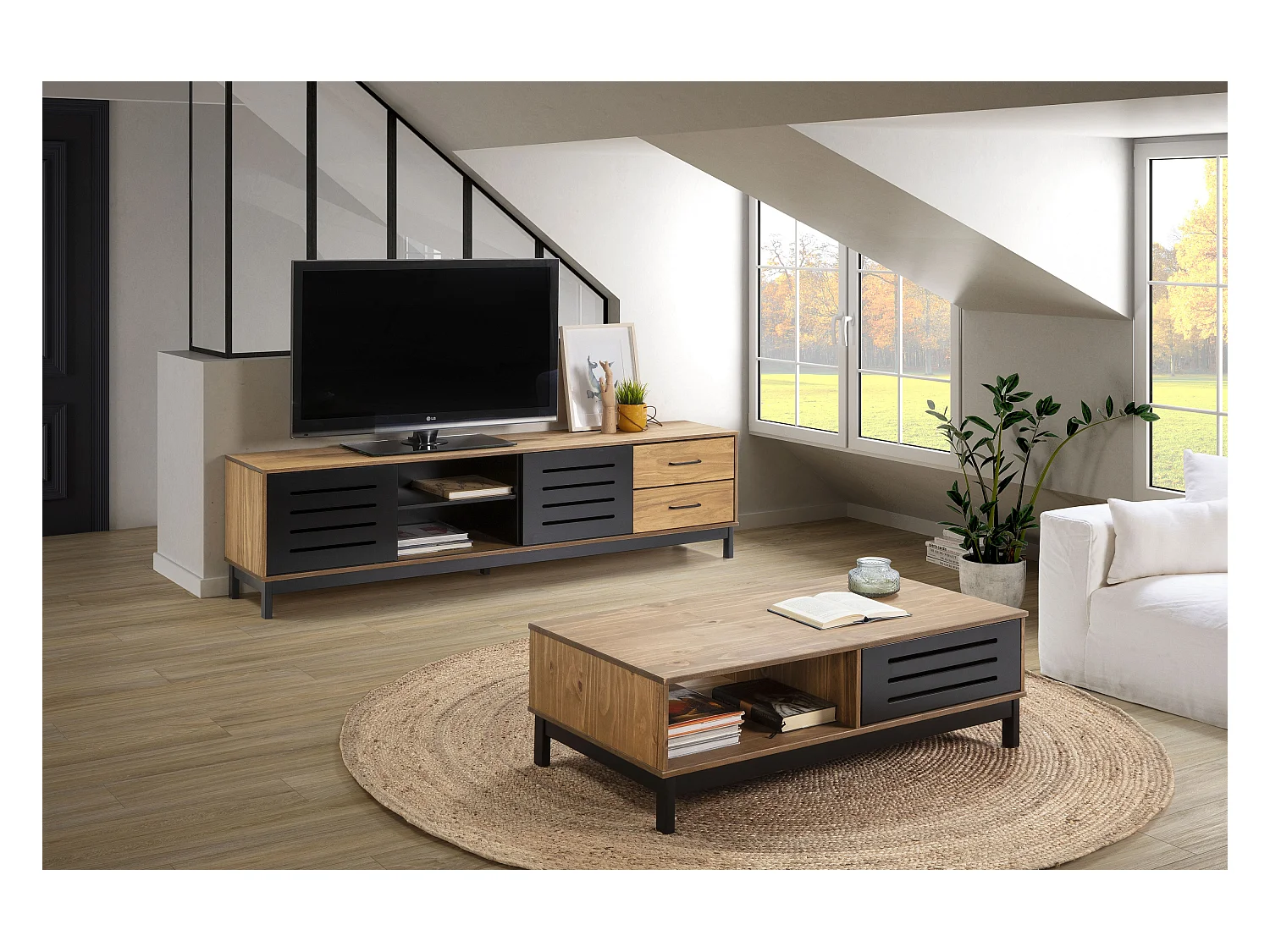 Table basse en pin et MDF avec rangements coloris naturel/noir - Longueur 100 x Profondeur 55 x Hauteur 35 cm