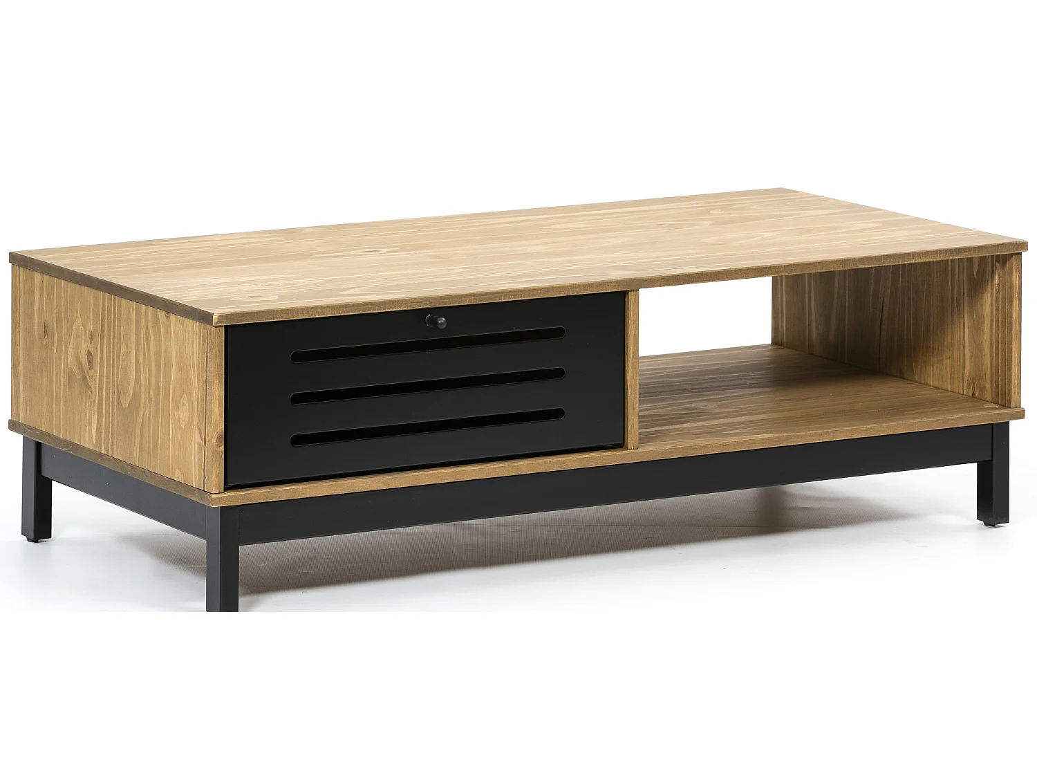 Table basse en pin et MDF avec rangements coloris naturel/noir - Longueur 100 x Profondeur 55 x Hauteur 35 cm