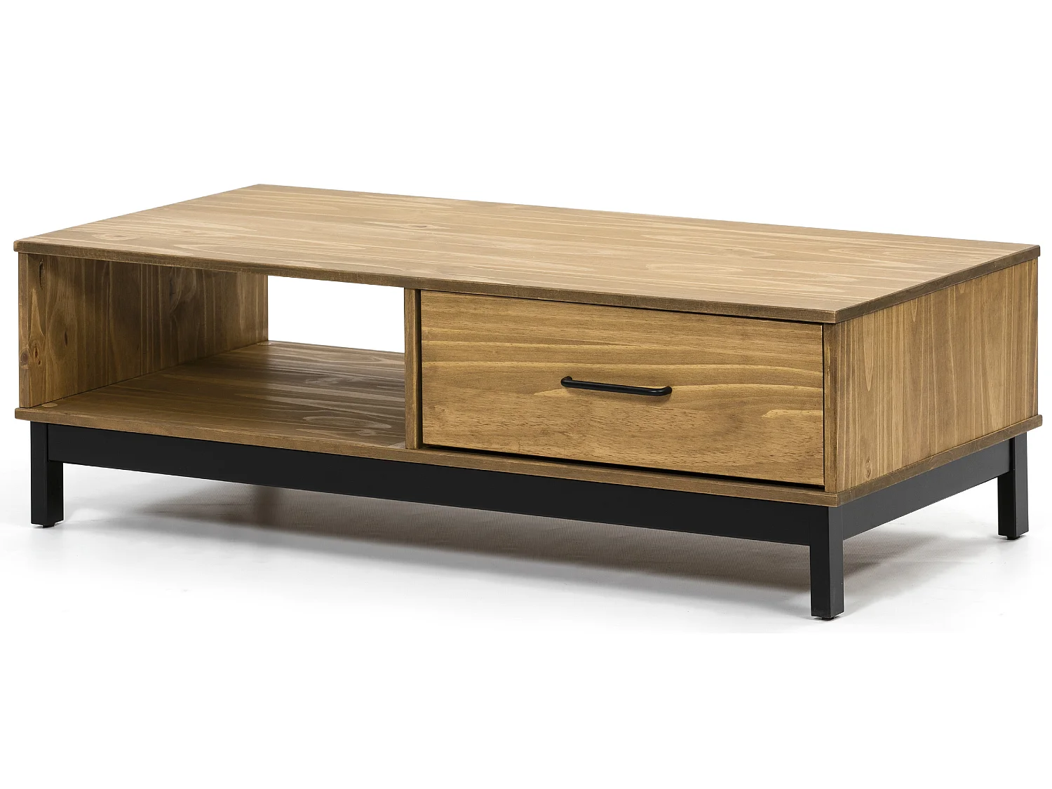 Table basse en pin et MDF avec rangements coloris naturel/noir - Longueur 100 x Profondeur 55 x Hauteur 35 cm