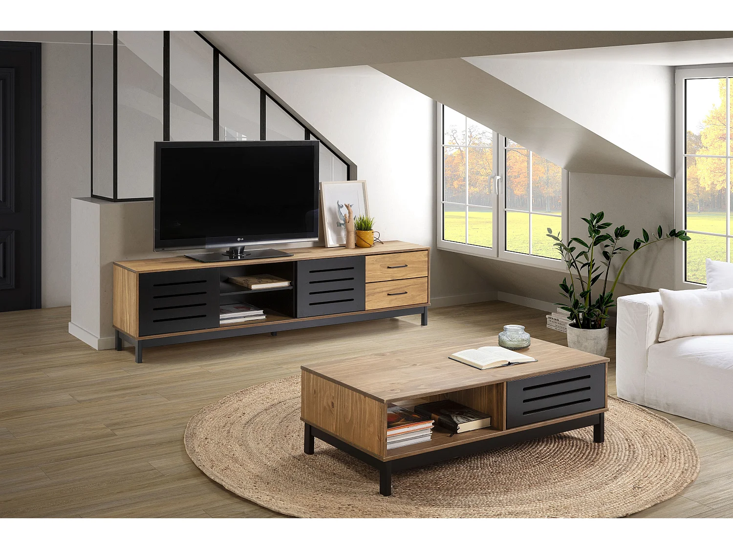 Table basse en pin et MDF avec rangements coloris naturel/noir - Longueur 100 x Profondeur 55 x Hauteur 35 cm