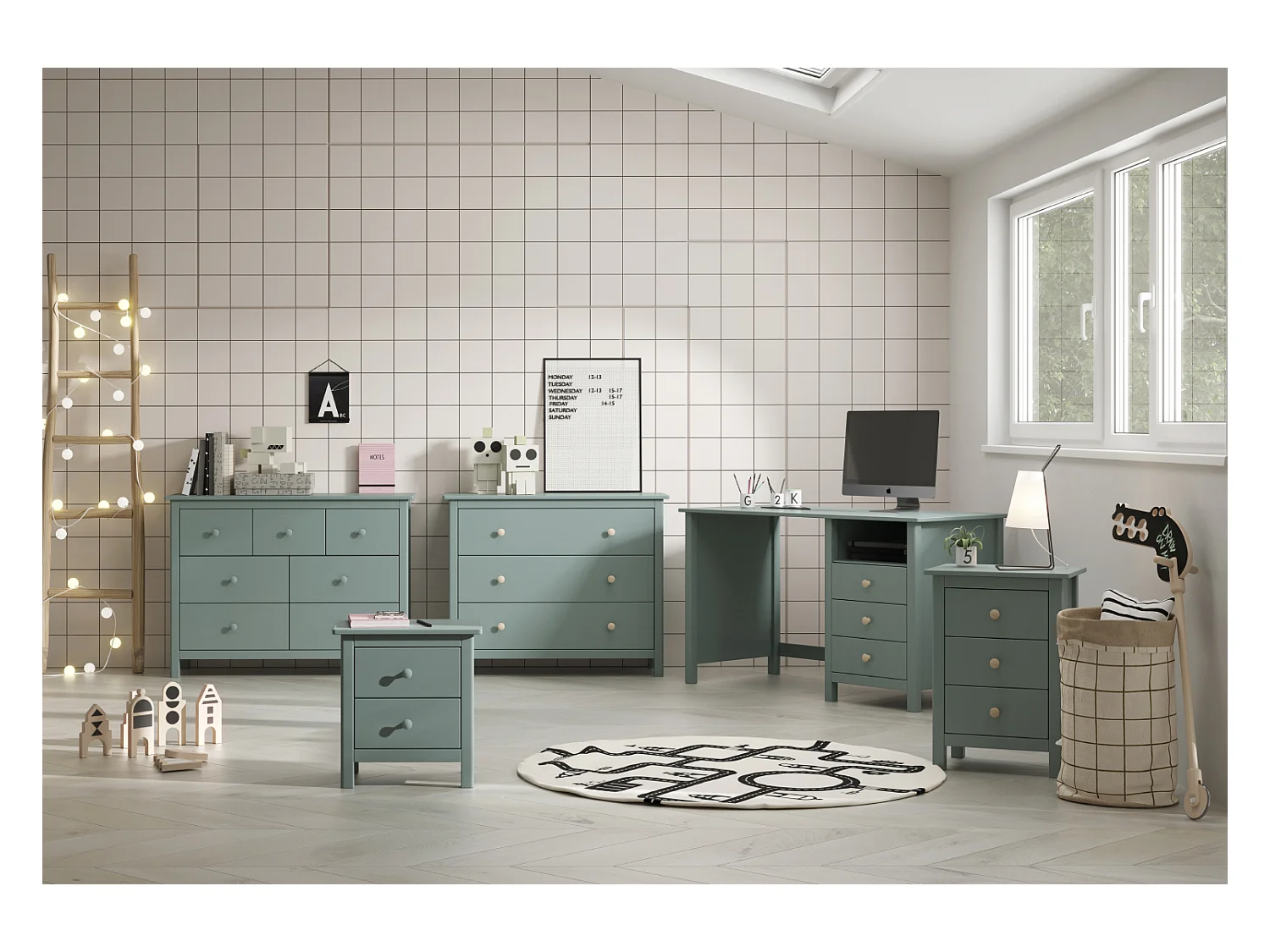 Meuble de bureau, table de bureau avec 3 tiroirs coloris vert pétrole - Longueur 120 x Profondeur 54 x Hauteur 74 cm