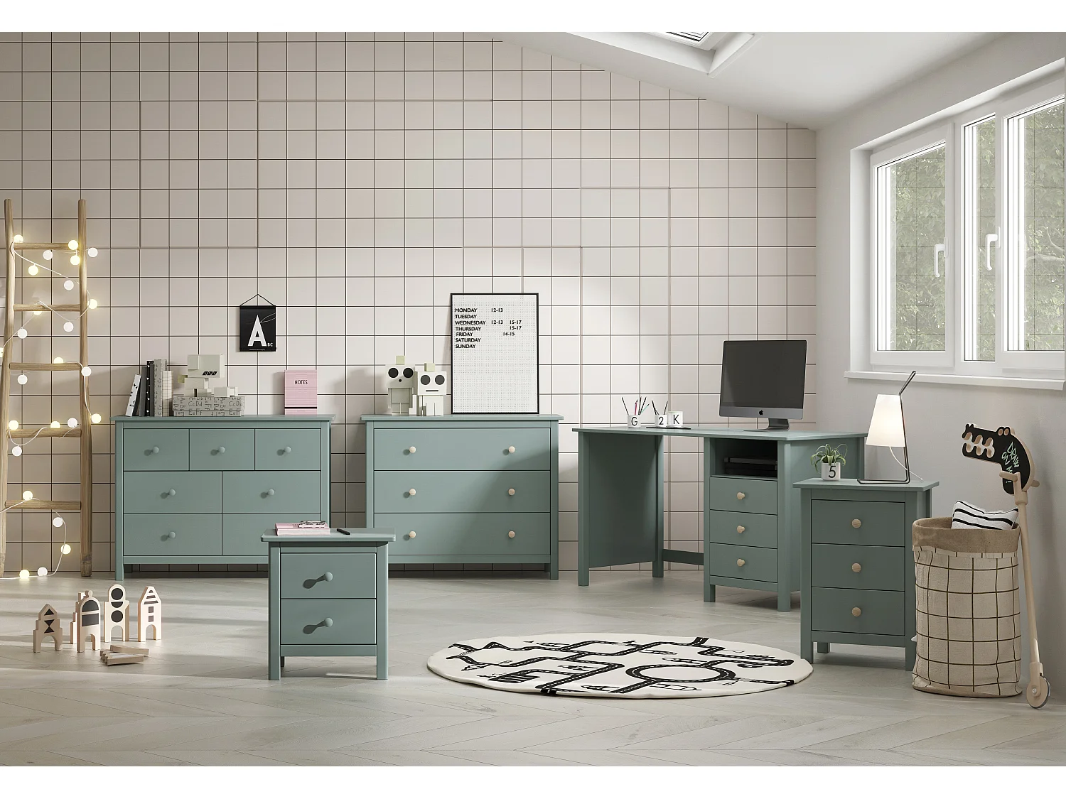 Meuble de bureau, table de bureau avec 3 tiroirs coloris vert pétrole - Longueur 120 x Profondeur 54 x Hauteur 74 cm