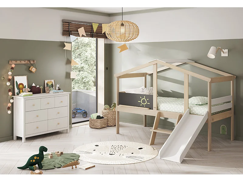 Lit enfant Tobogan en pin et MDF coloris blanc, gris anthracite - Longueur 204,9 x Profondeur 187,3 x Hauteur 147 cm