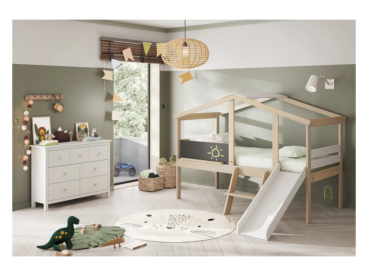 Lit enfant Tobogan en pin et MDF coloris blanc, gris anthracite - Longueur 204,9 x Profondeur 187,3 x Hauteur 147 cm
