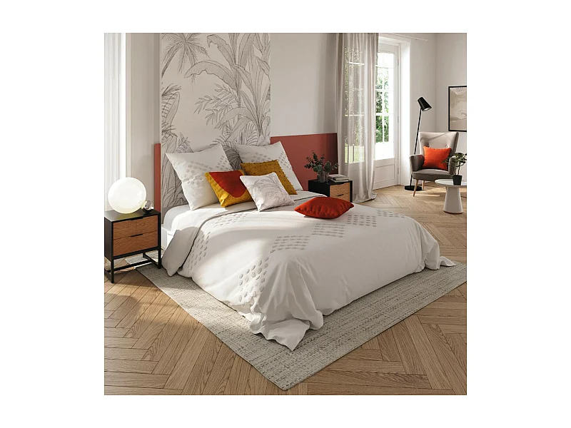 Parure de lit 2 Personnes 260 x 240 cm Housse de couette avec 2 taies en Coton lavé Ivoire et tufté