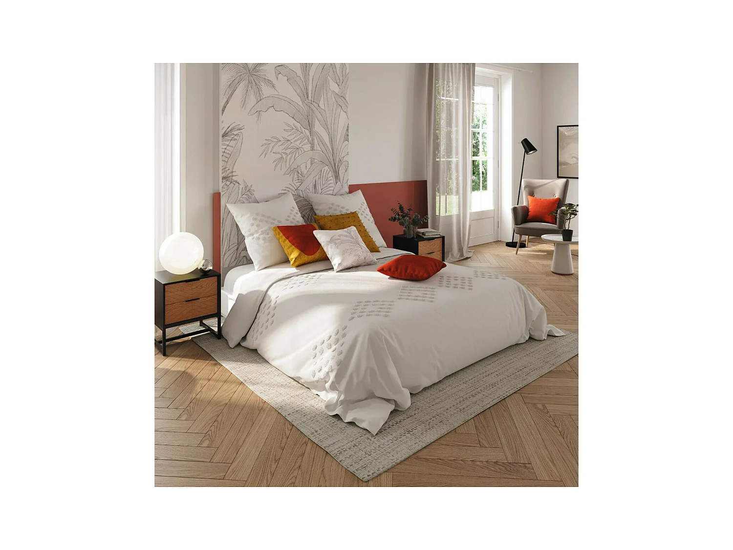 Parure de lit 2 Personnes 260 x 240 cm Housse de couette avec 2 taies en Coton lavé Ivoire et tufté