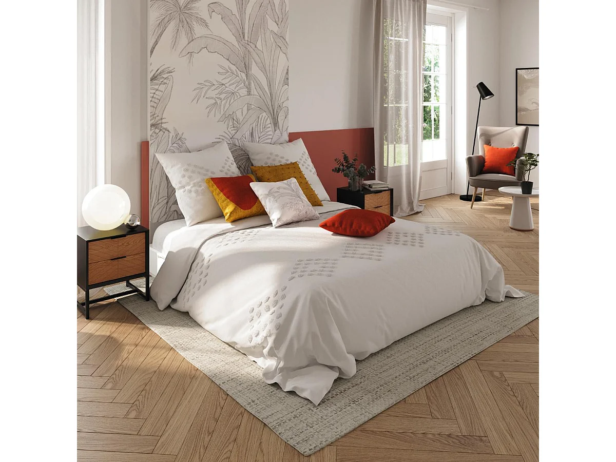 Parure de lit 2 Personnes 260 x 240 cm Housse de couette avec 2 taies en Coton lavé Ivoire et tufté