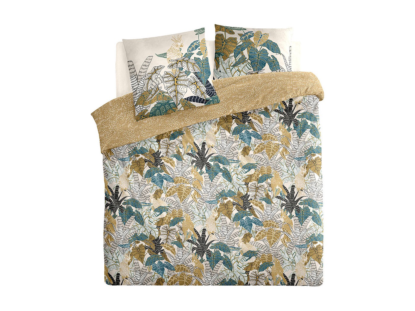 Parure De Lit Luxe 240x260cm - Housse De Couette + 2 Taies, Coton 100%, Motif Feuillage Tropical Bleu Canard Et Or