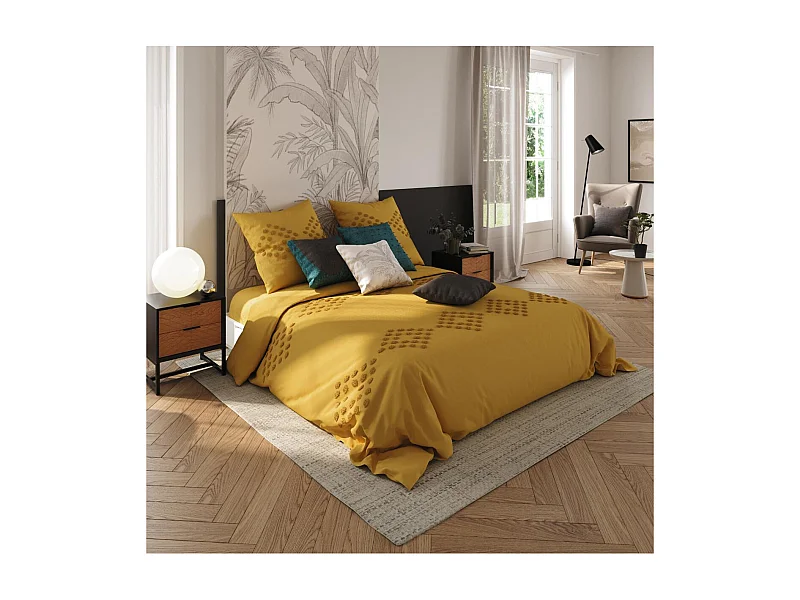 Parure de lit 2 Personnes 260 x 240 cm Housse de couette avec 2 taies en Coton lavé Ocre et tufté