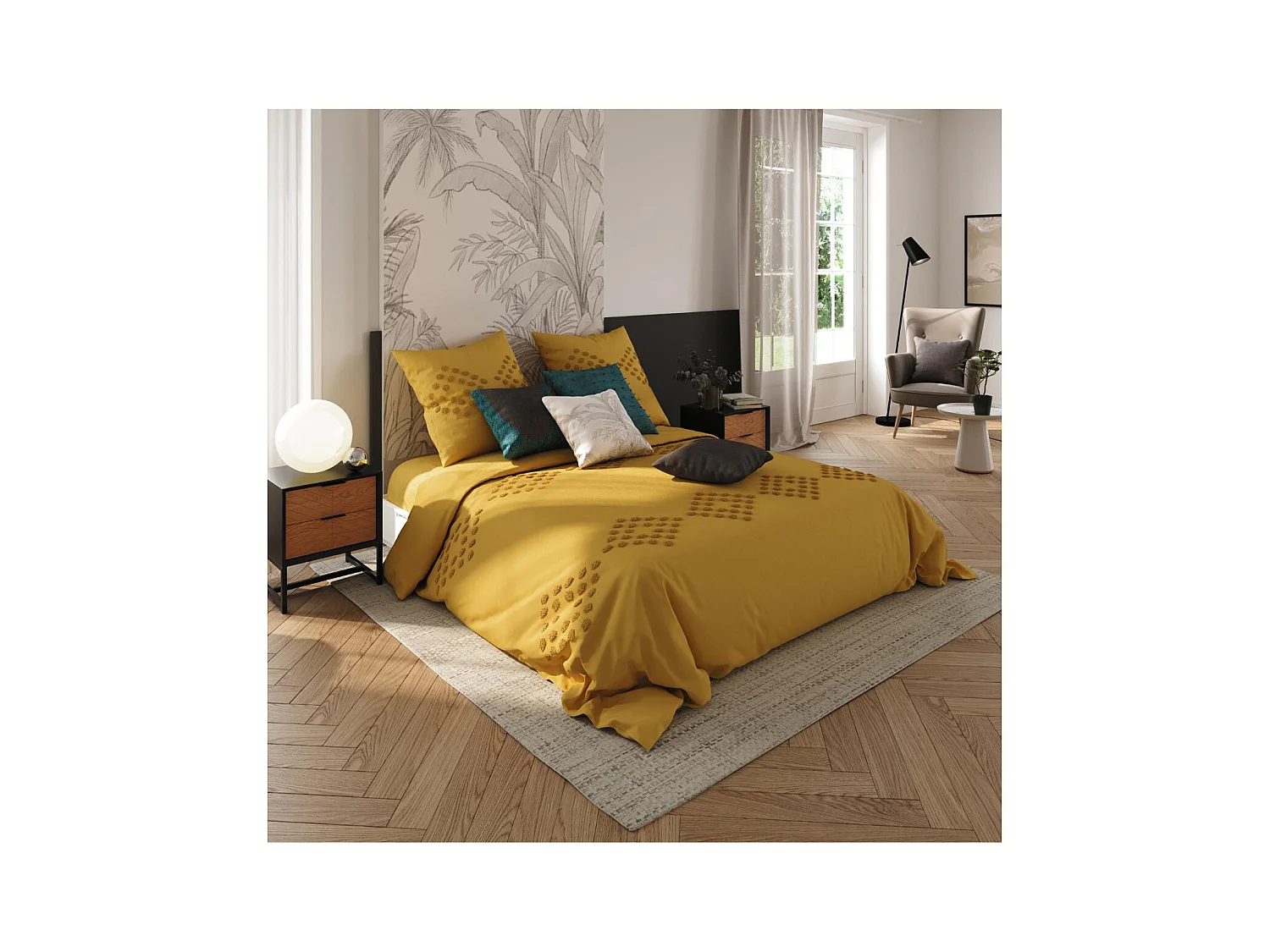 Parure de lit 2 Personnes 260 x 240 cm Housse de couette avec 2 taies en Coton lavé Ocre et tufté