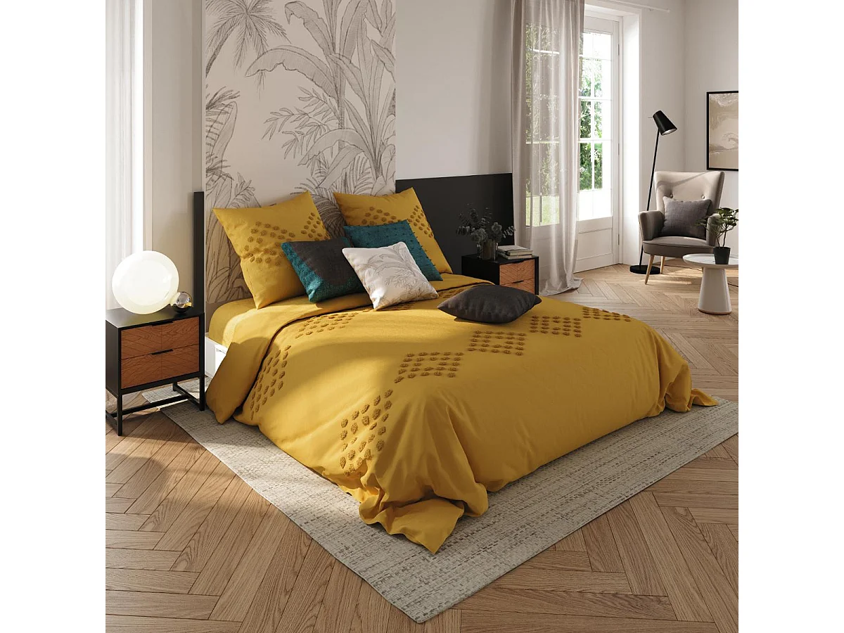 Parure de lit 2 Personnes 260 x 240 cm Housse de couette avec 2 taies en Coton lavé Ocre et tufté