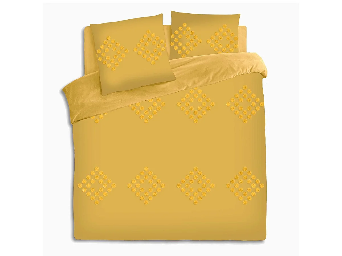 Parure de lit 2 Personnes 260 x 240 cm Housse de couette avec 2 taies en Coton lavé Ocre et tufté