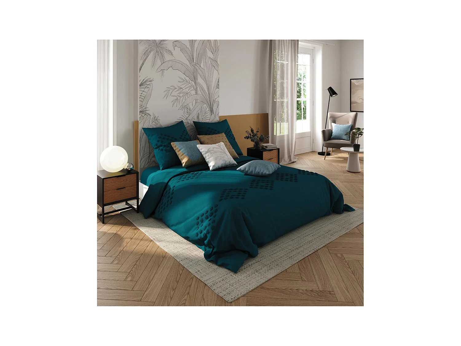 Parure de lit 2 Personnes 260 x 240 cm Housse de couette avec 2 taies Coton lavé Bleu Canard tufté