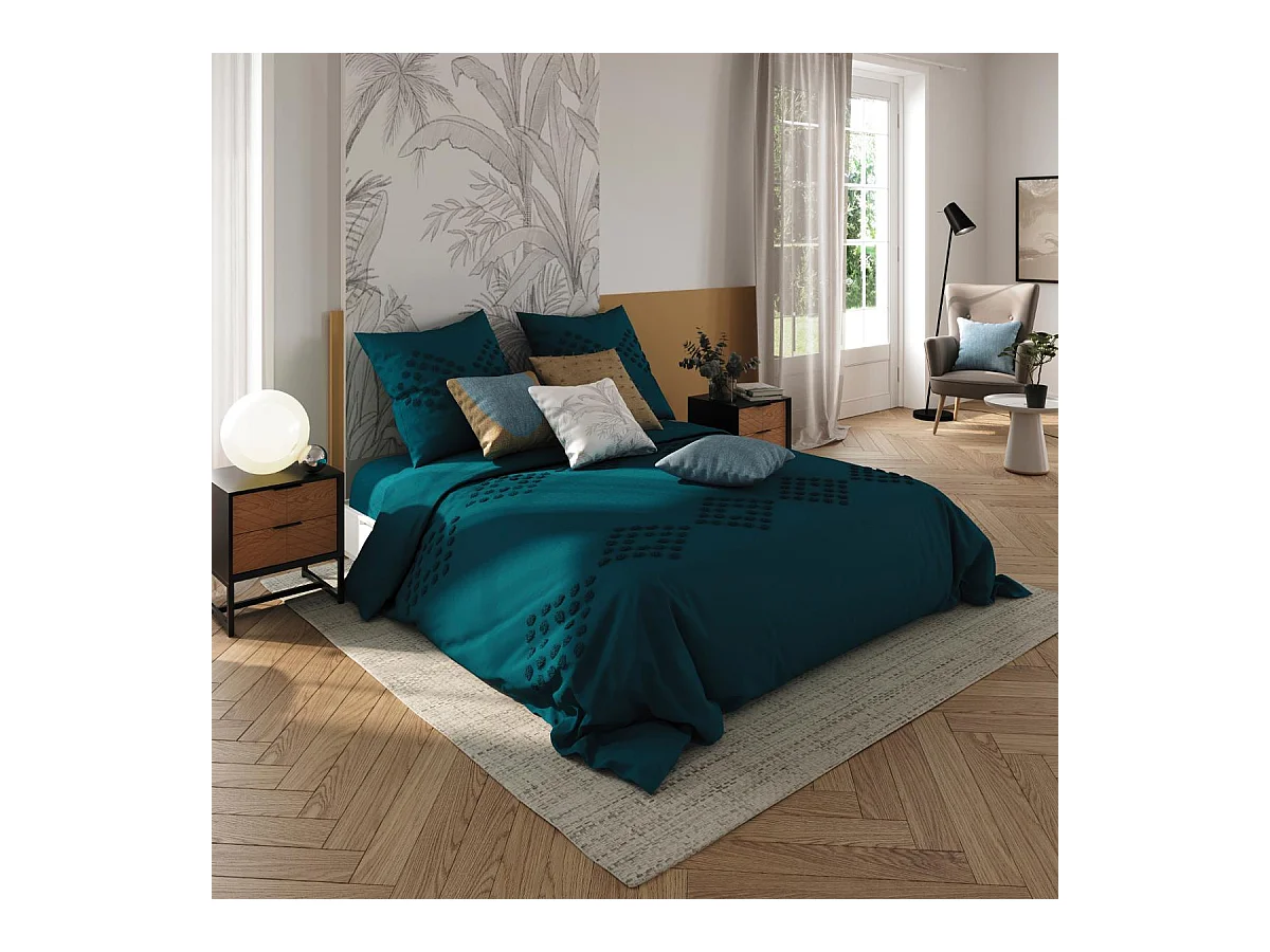 Parure de lit 2 Personnes 260 x 240 cm Housse de couette avec 2 taies Coton lavé Bleu Canard tufté