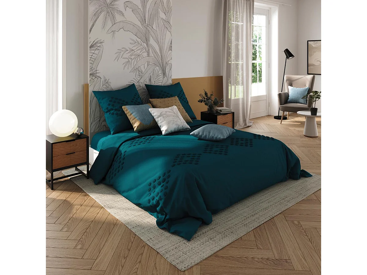 Parure de lit 2 Personnes 260 x 240 cm Housse de couette avec 2 taies Coton lavé Bleu Canard tufté