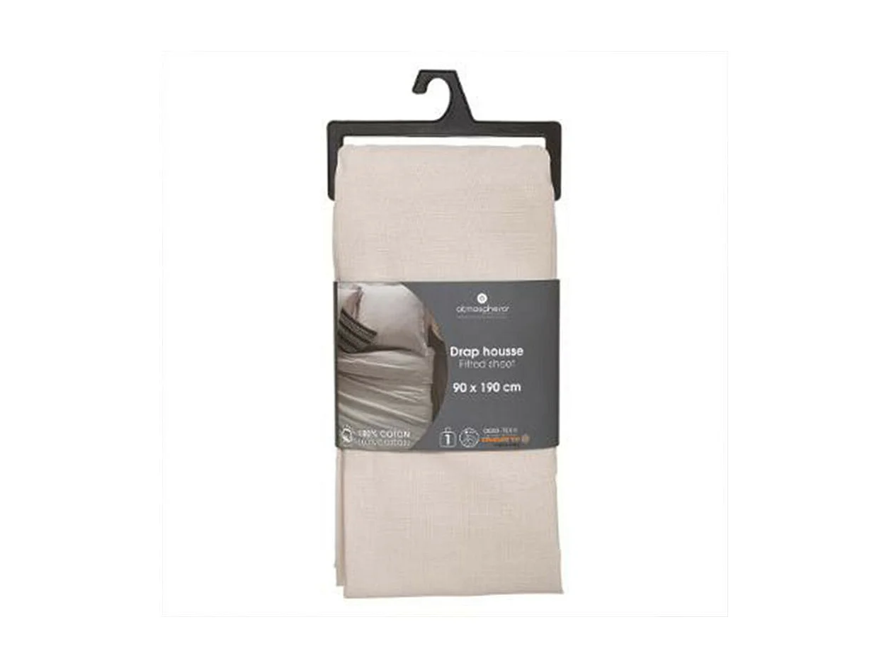 Drap housse 1 Personne en Coton Beige lin 90 x 190 cm