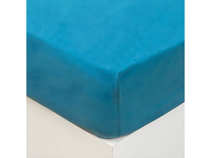 Drap housse 2 Personnes en Coton lavé Bleu canard 140 x 190 cm