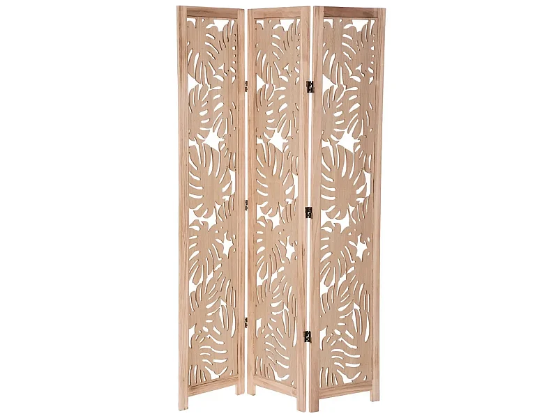 Paravent palm 3 pans, cloison de séparation en bois clair de paulownia - Longueur 105 x Profondeur 1.65 x Hauteur 165 cm