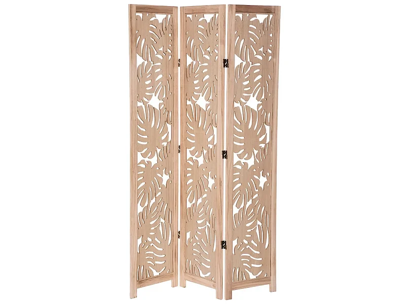 Paravent palm 3 pans, cloison de séparation en bois clair de paulownia - Longueur 105 x Profondeur 1.65 x Hauteur 165 cm