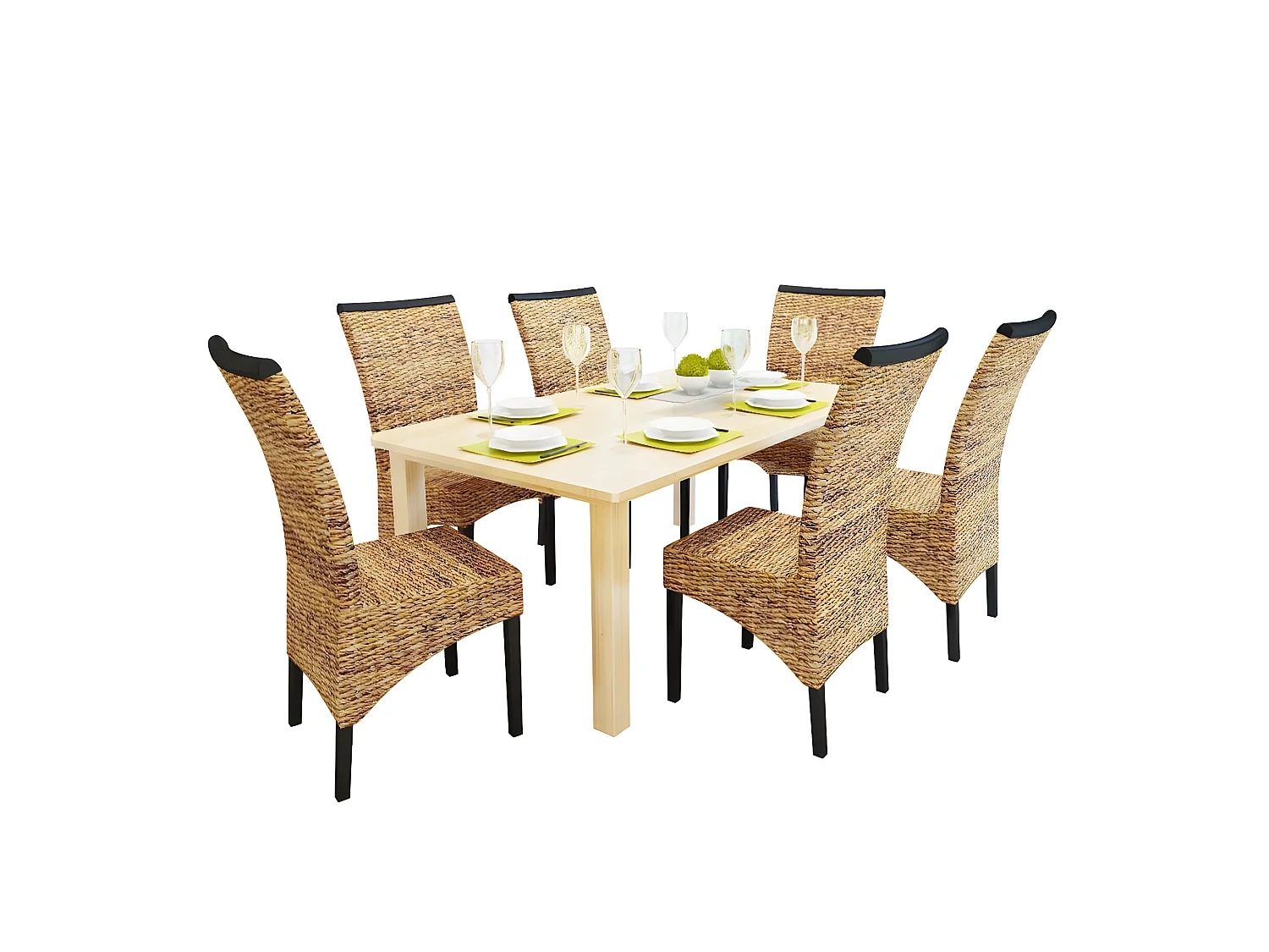 Lot de 6 chaises de salle à manger cuisine style philippin bois solide de manguier et abaca CDS022244