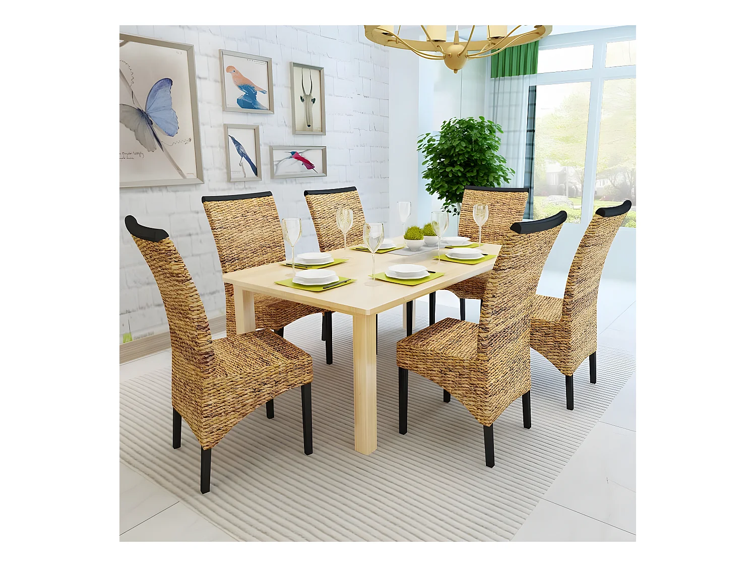 Lot de 6 chaises de salle à manger cuisine style philippin bois solide de manguier et abaca CDS022244