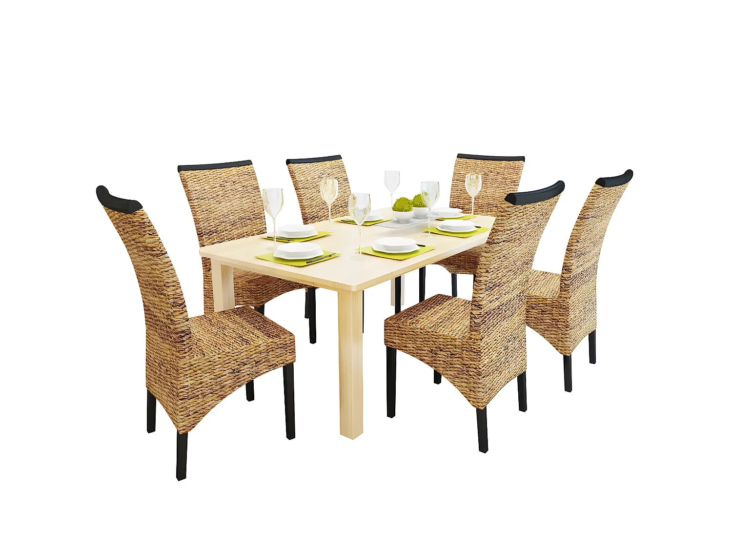 Lot de 6 chaises de salle à manger cuisine style philippin bois solide de manguier et abaca CDS022244