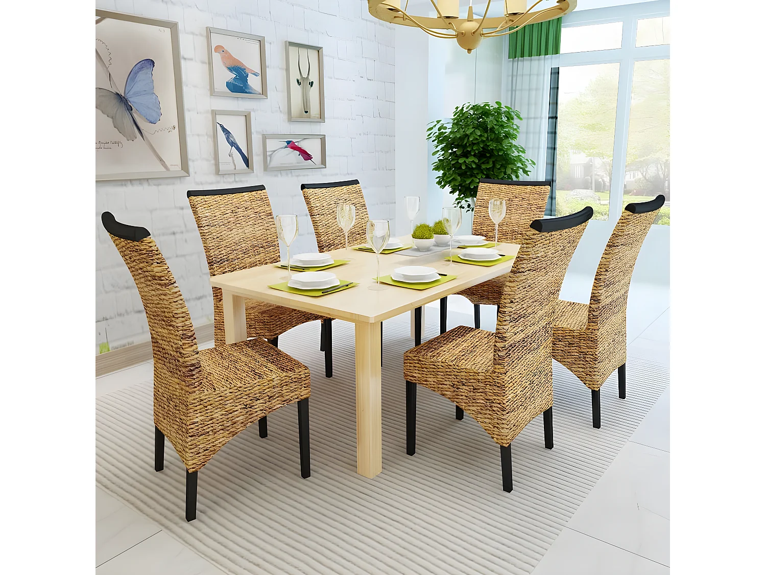 Lot de 6 chaises de salle à manger cuisine style philippin bois solide de manguier et abaca CDS022244