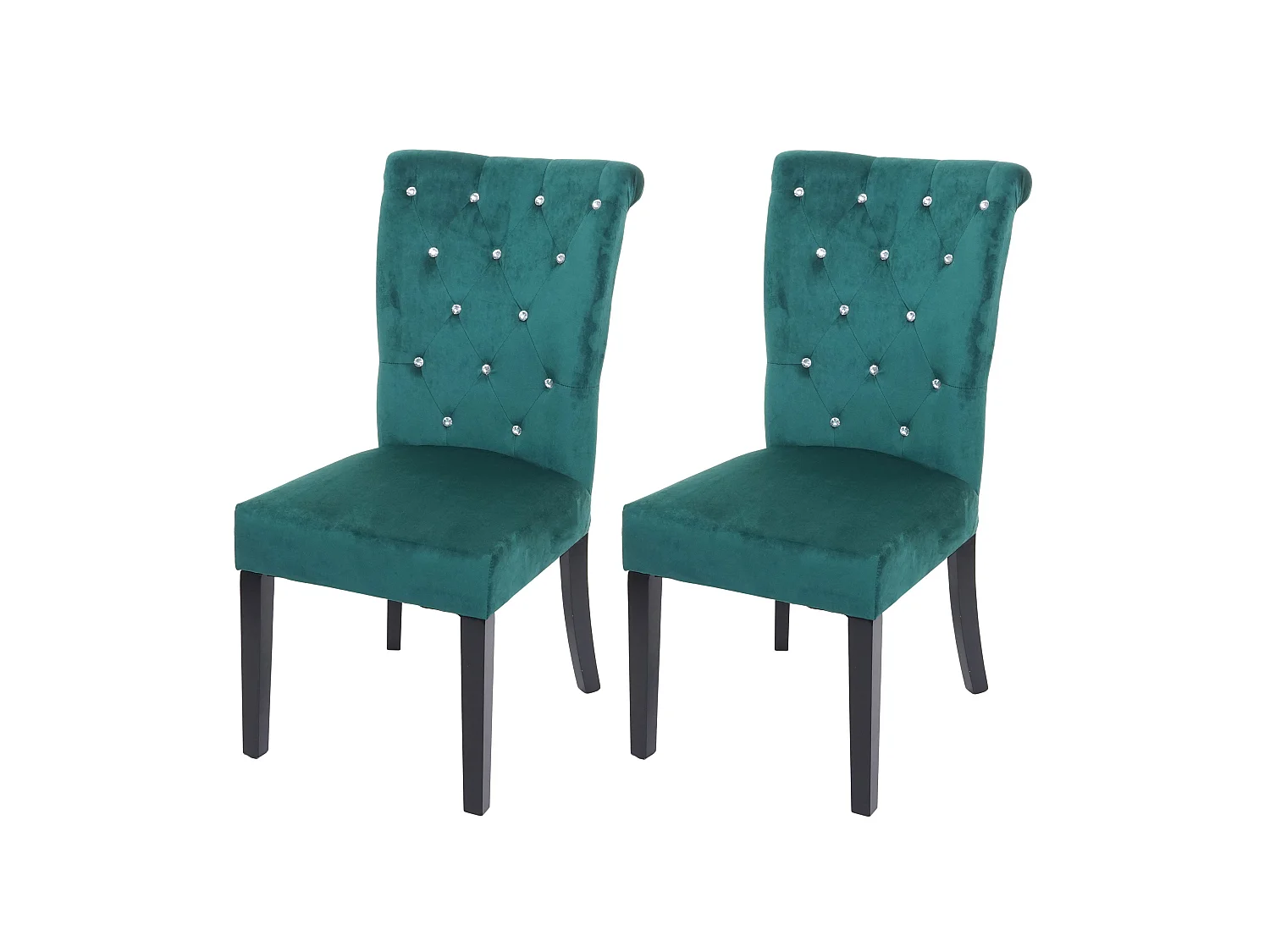 Lot de 2 chaises à manger cuisine en velours vert foncé avec décoration bouton cristal pieds bois noirs 04_0000354