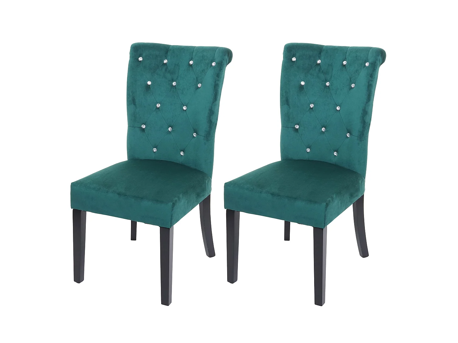 Lot de 2 chaises à manger cuisine en velours vert foncé avec décoration bouton cristal pieds bois noirs 04_0000354