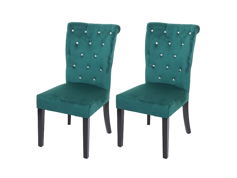 Lot de 2 chaises à manger cuisine en velours vert foncé avec décoration bouton cristal pieds bois noirs 04_0000354