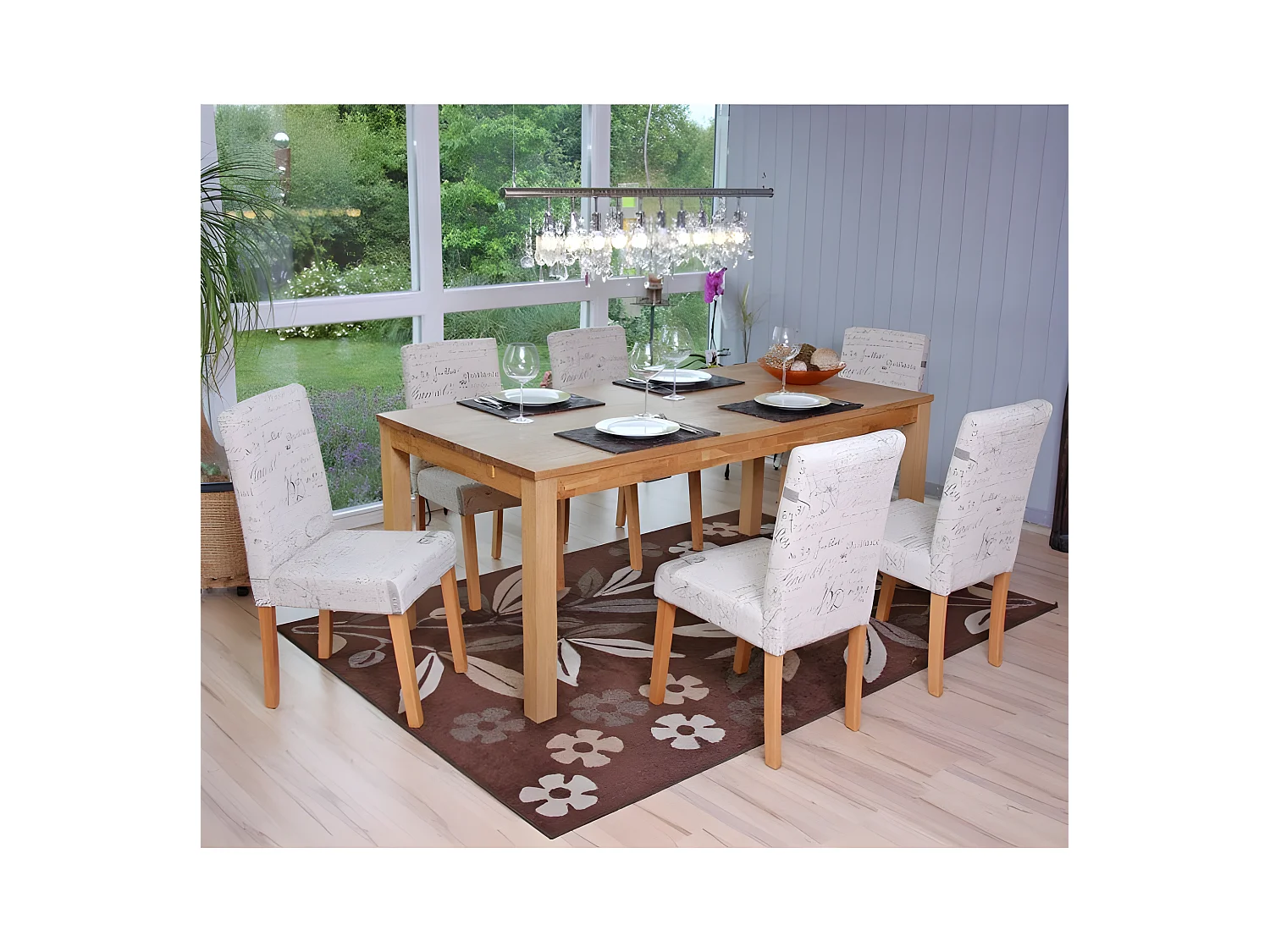 Lot de 6 chaises de salle à manger en tissu crème imprimé pieds clairs CDS04229