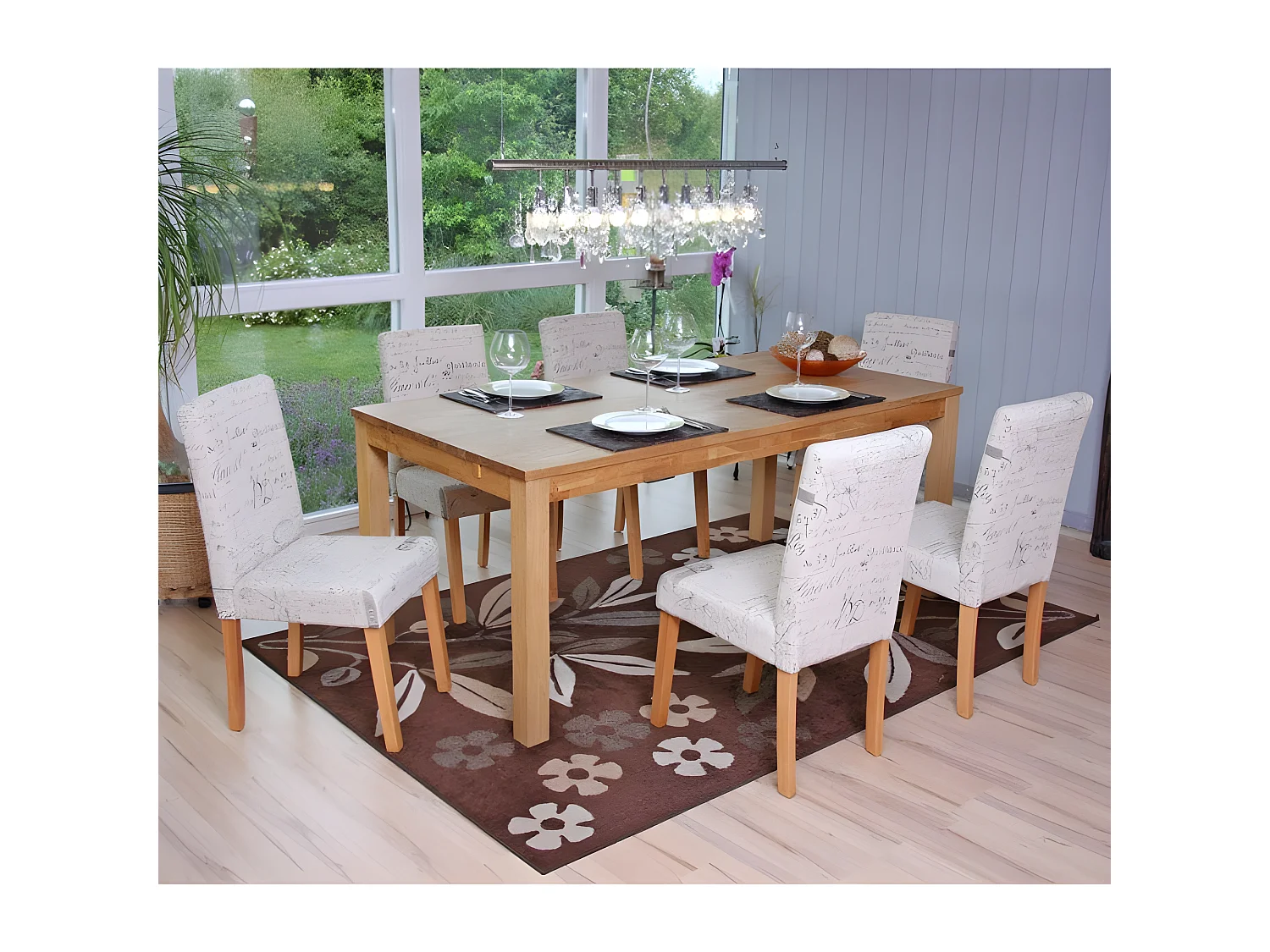 Lot de 6 chaises de salle à manger en tissu crème imprimé pieds clairs CDS04229