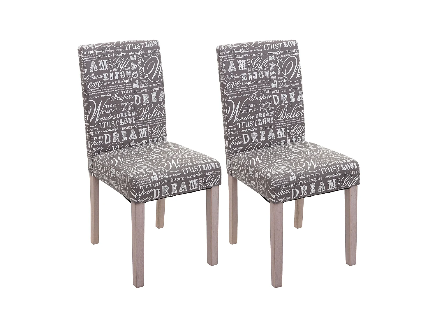 Lot de 2 chaises de salle à manger cuisine en tissu gris motif lettrage des pieds en bois clair 04_0000430