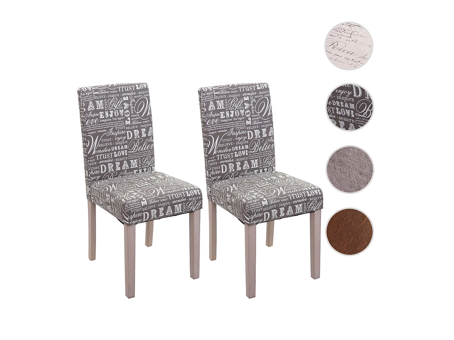 Lot de 2 chaises de salle à manger cuisine en tissu gris motif lettrage des pieds en bois clair 04_0000430