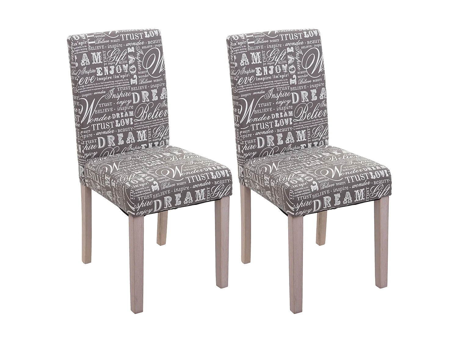 Lot de 2 chaises de salle à manger cuisine en tissu gris motif lettrage des pieds en bois clair 04_0000430