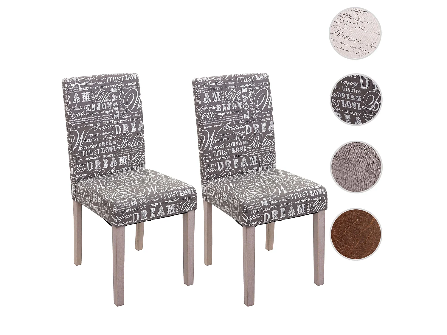 Lot de 2 chaises de salle à manger cuisine en tissu gris motif lettrage des pieds en bois clair 04_0000430