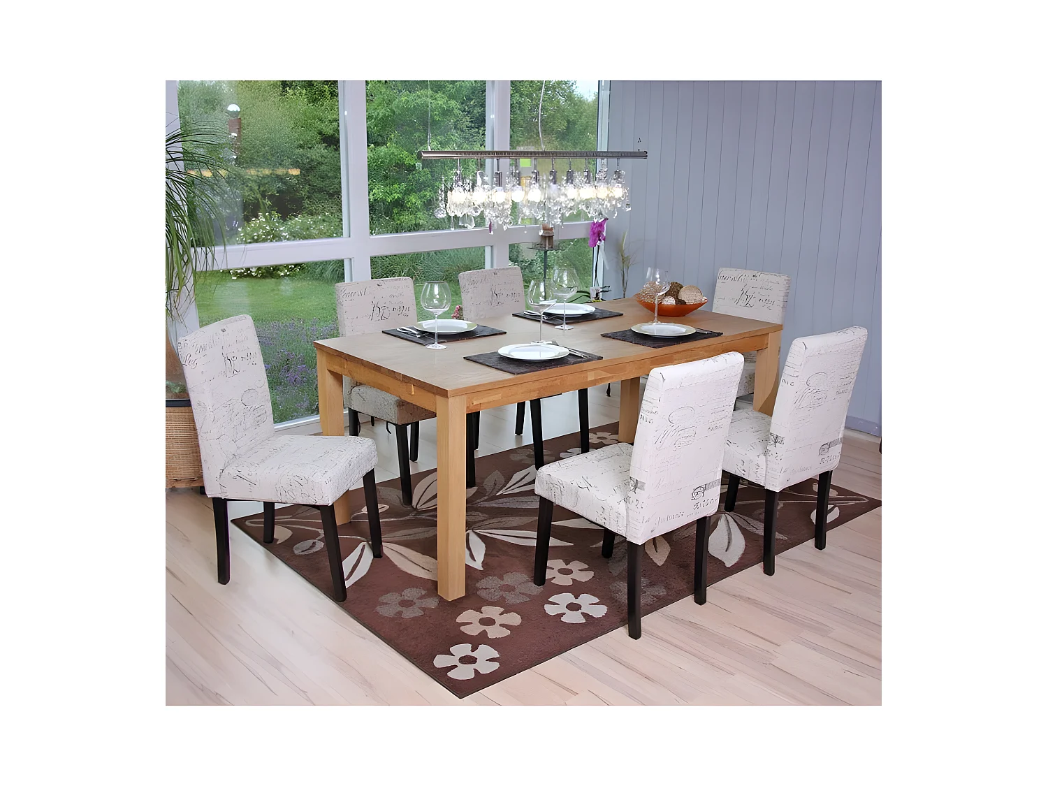 Lot de 6 chaises de salle à manger en tissu crème imprimé pieds foncés CDS04230