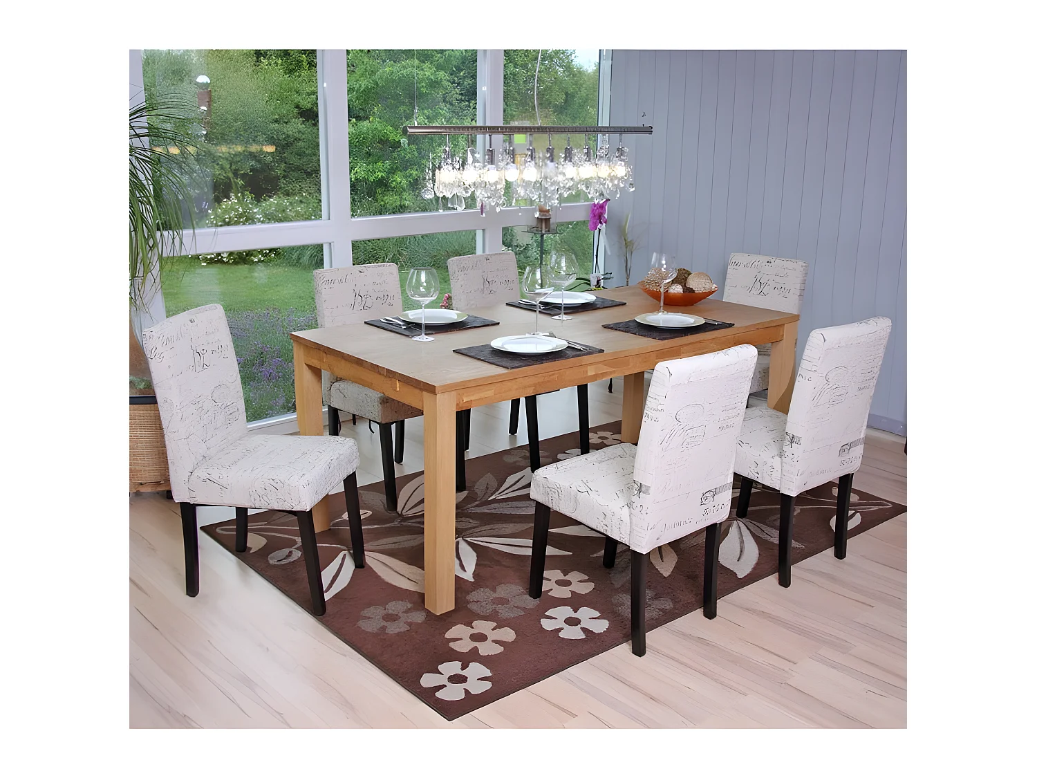 Lot de 6 chaises de salle à manger en tissu crème imprimé pieds foncés CDS04230