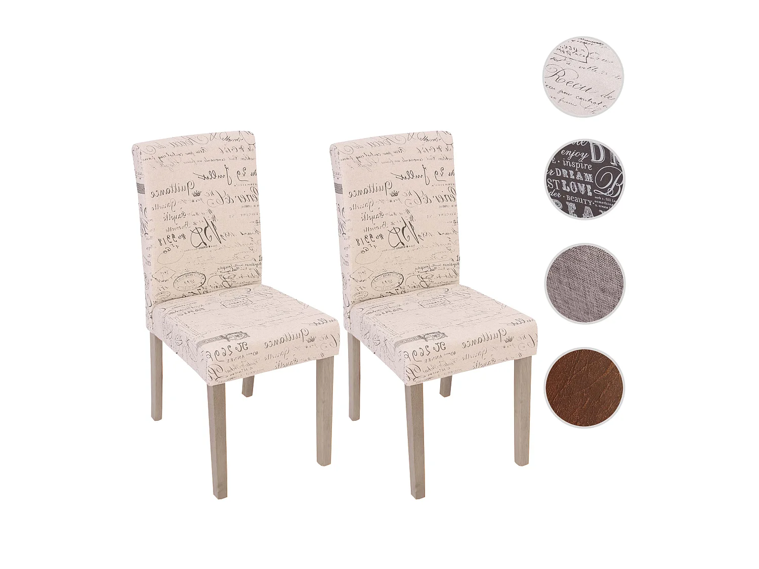 Lot de 2 chaises de salle à manger cuisine en tissu crème motif écriture des pieds en bois clair 04_0000429