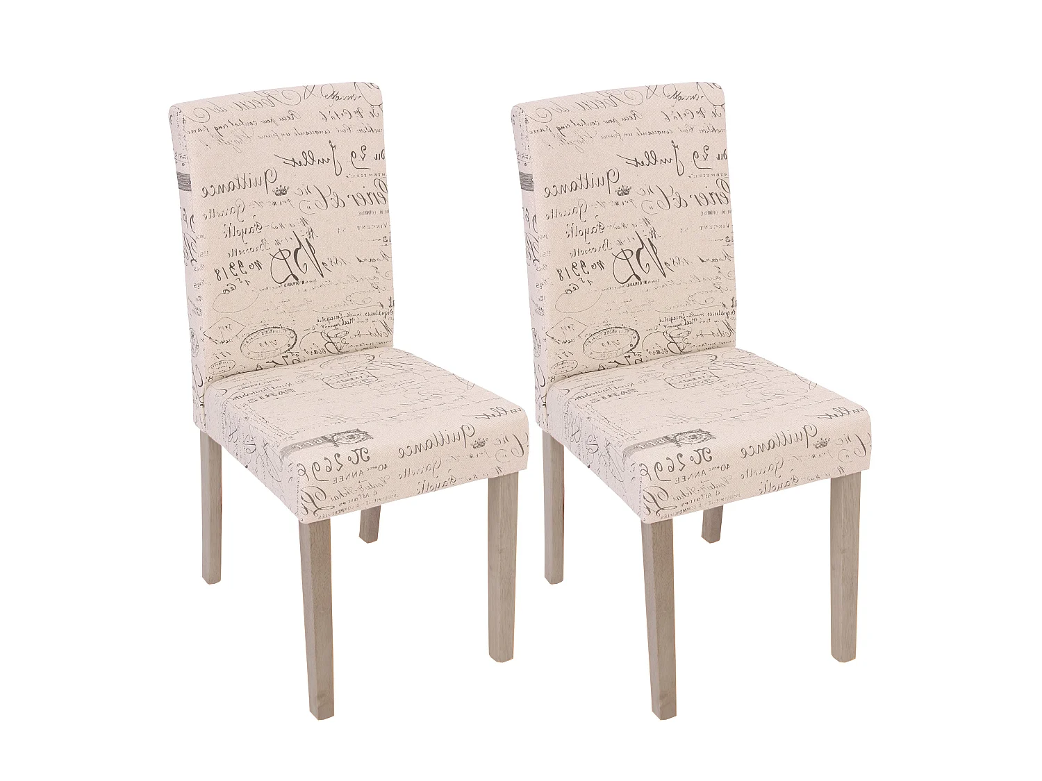 Lot de 2 chaises de salle à manger cuisine en tissu crème motif écriture des pieds en bois clair 04_0000429