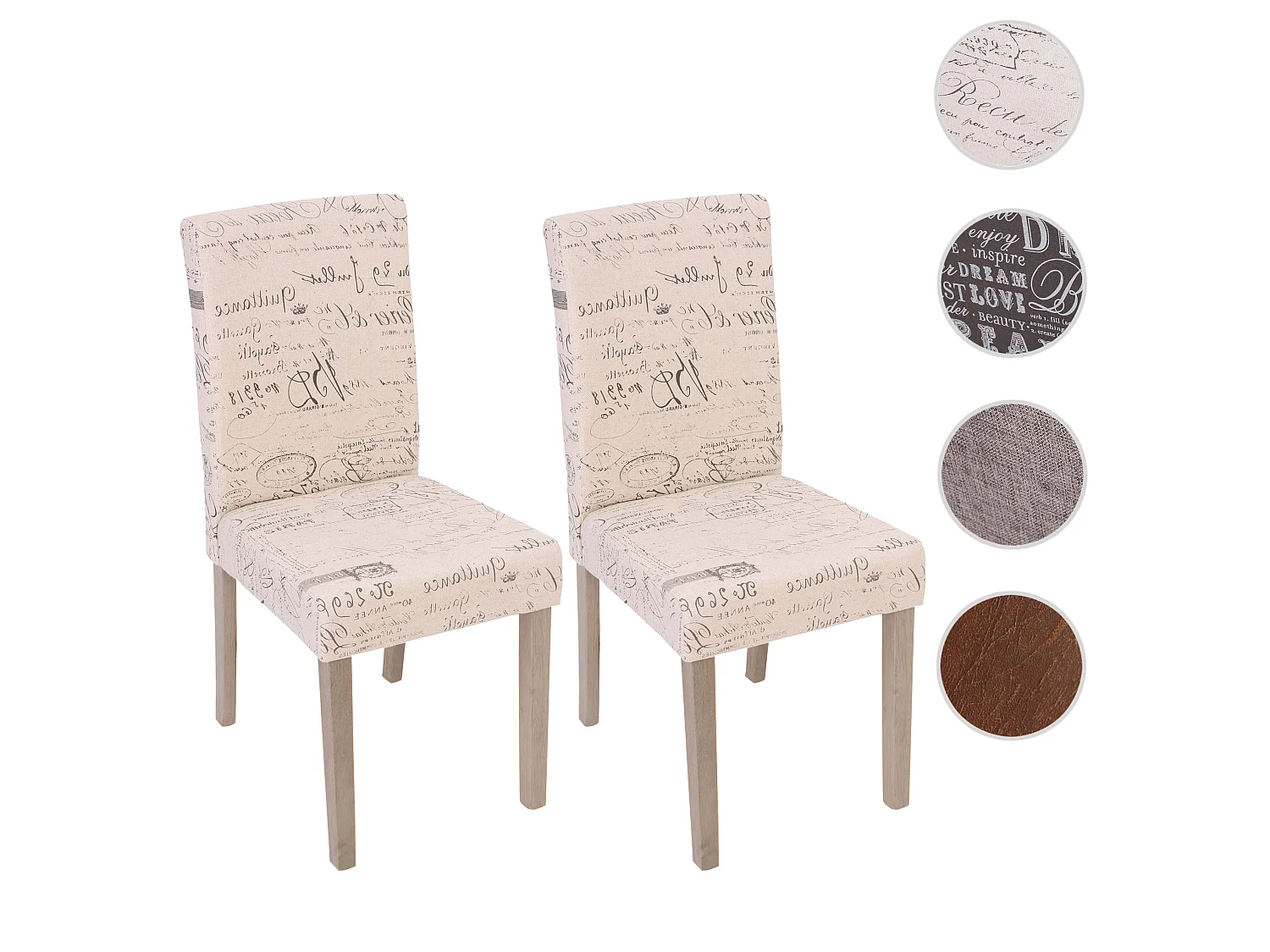 Lot de 2 chaises de salle à manger cuisine en tissu crème motif écriture des pieds en bois clair 04_0000429
