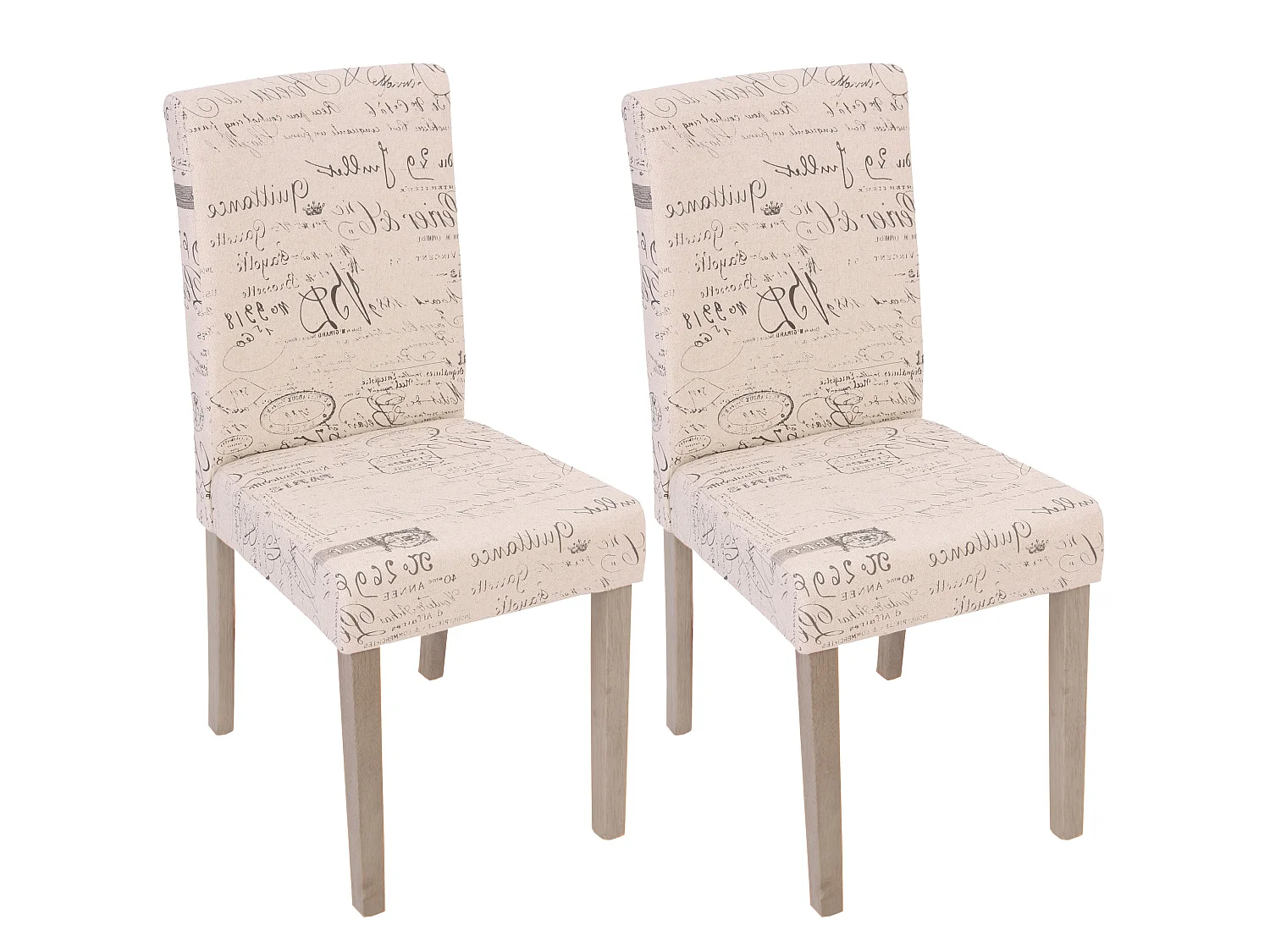 Lot de 2 chaises de salle à manger cuisine en tissu crème motif écriture des pieds en bois clair 04_0000429